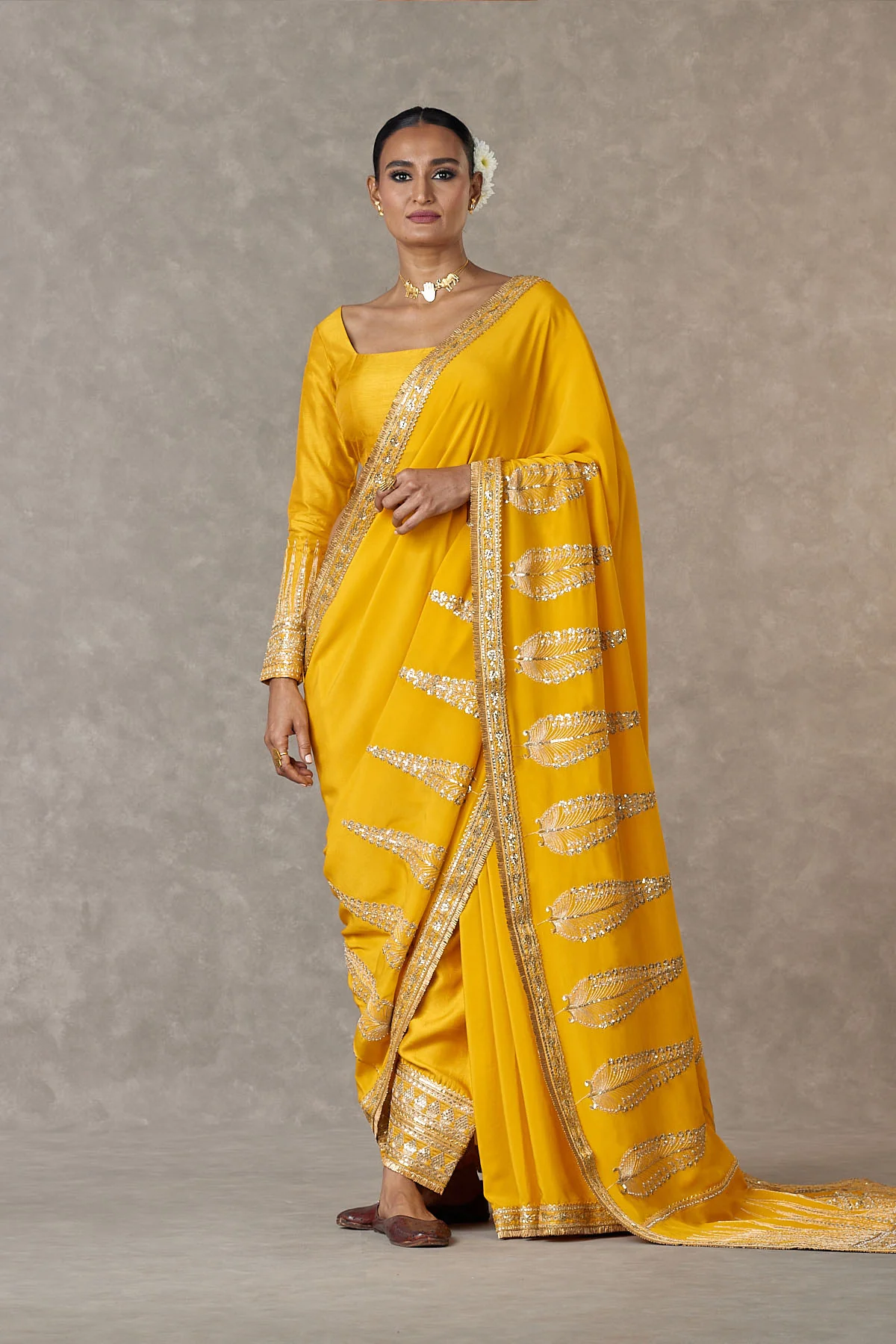 Yellow Son Patti Saree - Image 4